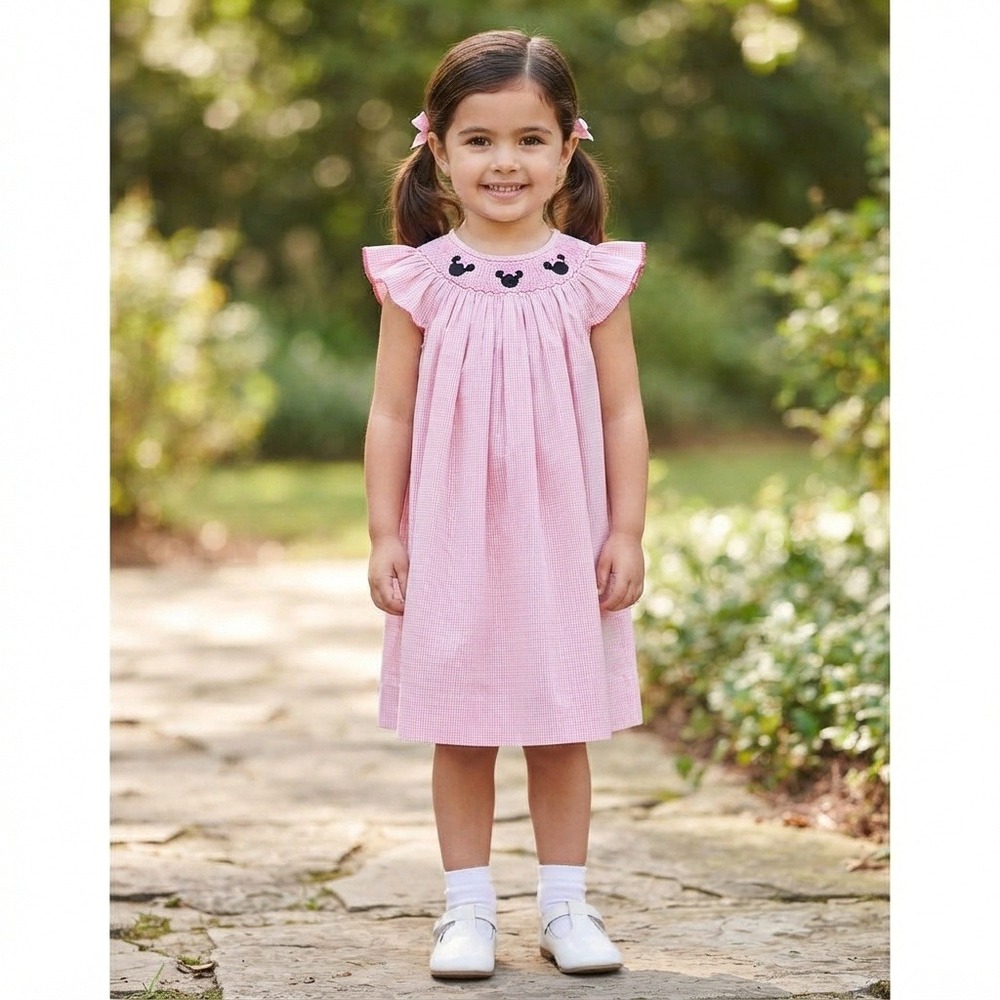 Petit Bebe Smocked Dress Kids 4T Pink Excellent Gingham Mouse Flutter Sleeve